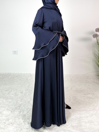 3pcs Drill Stripes Large Flared Sleeve Dress with Belt and Hijab Set