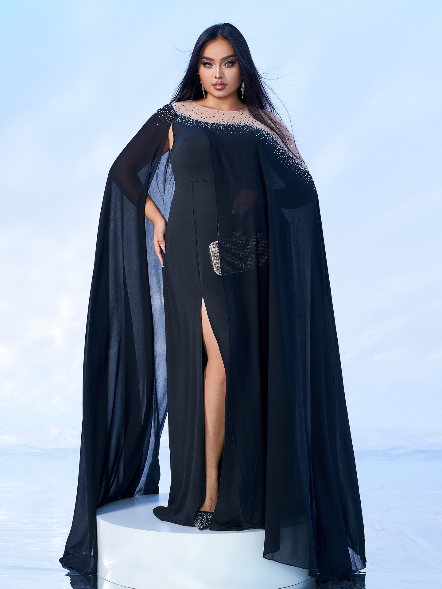 Round Neck Rhinestone Hem Split Dress