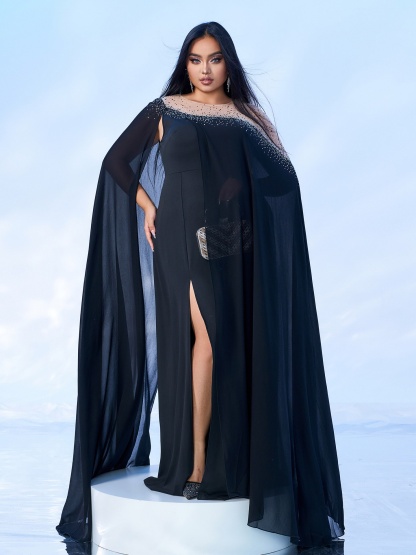 Round Neck Rhinestone Hem Split Dress
