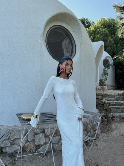 Round Neck Draped Long Sleeve Dress