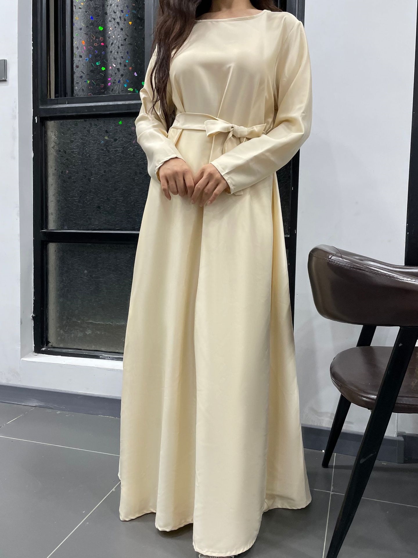 Solid Color Tie Pocket Satin Dress