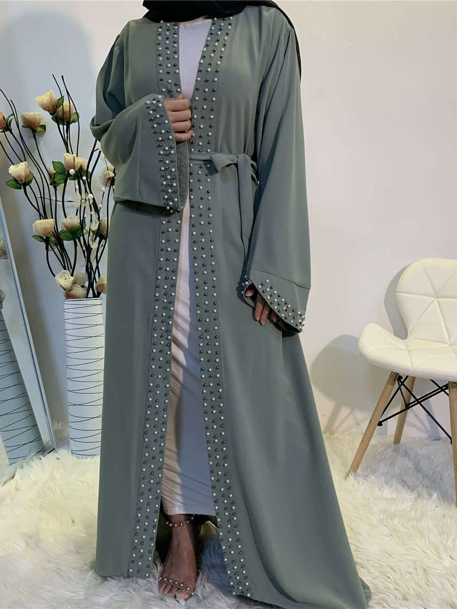 Solid Beaded  Tie Cardigan Abaya