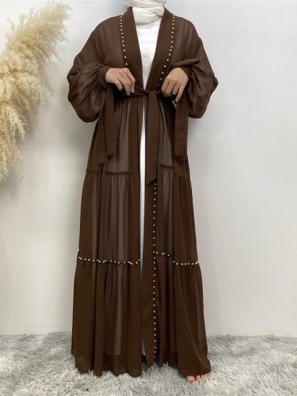 Solid Beaded Tie Chiffon Cardigan Casual Abaya