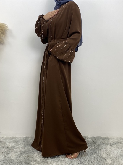 Solid Beaded Tie Cardigan Casual Abaya