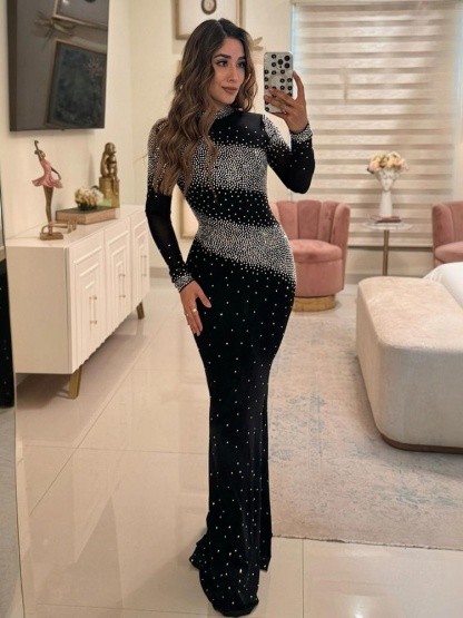 Half High Neck Wrap Hip Dress with Rhinestones