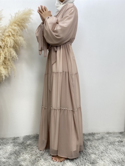 Solid Beaded Tie Chiffon Cardigan Casual Abaya