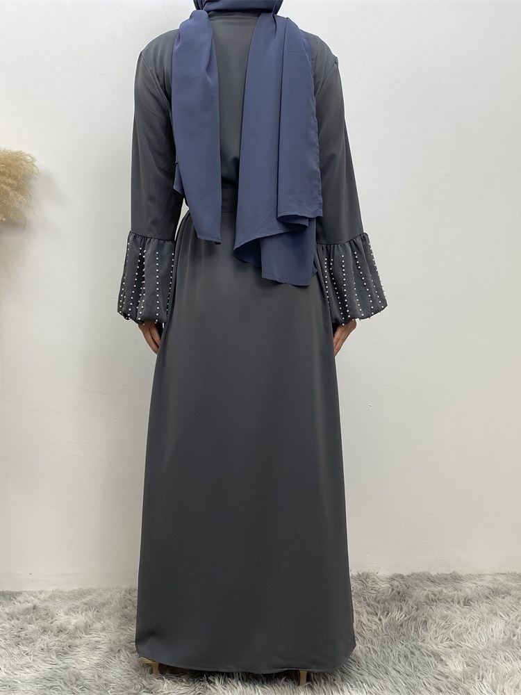 Solid Beaded Tie Cardigan Casual Abaya
