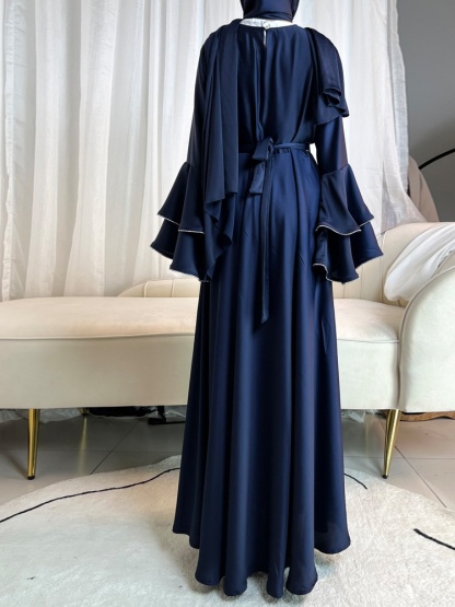 3pcs Drill Stripes Large Flared Sleeve Dress with Belt and Hijab Set