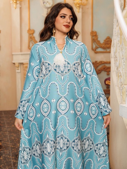 Printed V-Neck Fringe Long Sleeve Dress