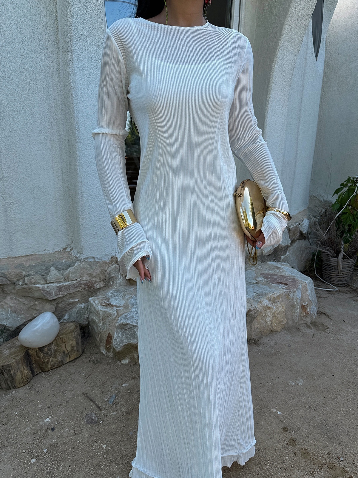 Round Neck Draped Long Sleeve Dress