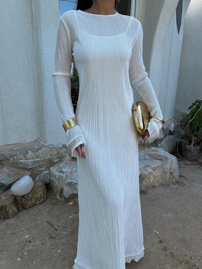 Round Neck Draped Long Sleeve Dress