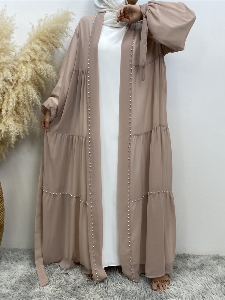 Solid Beaded Tie Chiffon Cardigan Casual Abaya