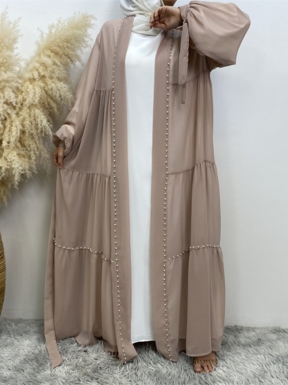 Solid Beaded Tie Chiffon Cardigan Casual Abaya