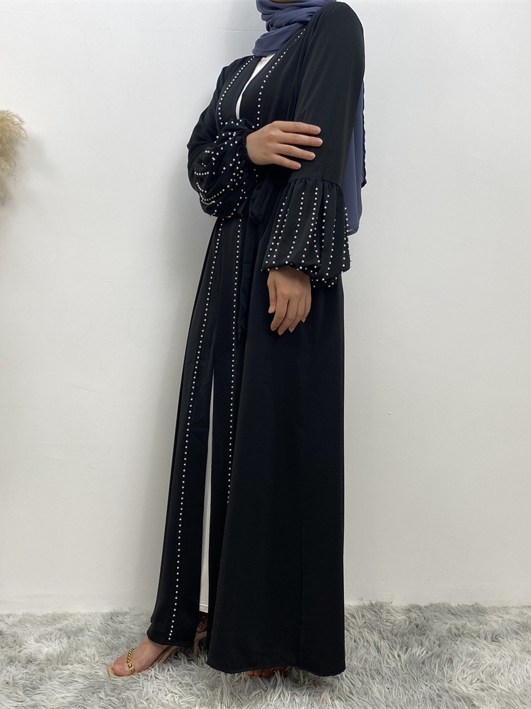 Solid Beaded Tie Cardigan Casual Abaya