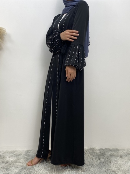 Solid Beaded Tie Cardigan Casual Abaya