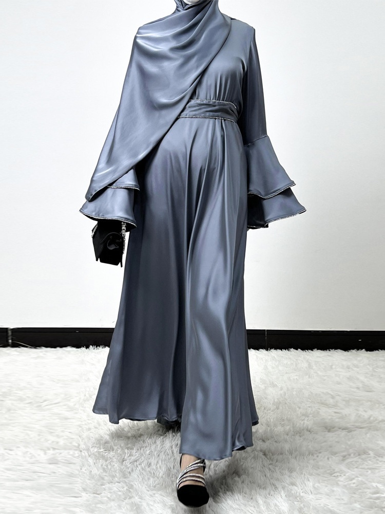 3pcs Drill Stripes Large Flared Sleeve Dress with Belt and Hijab Set