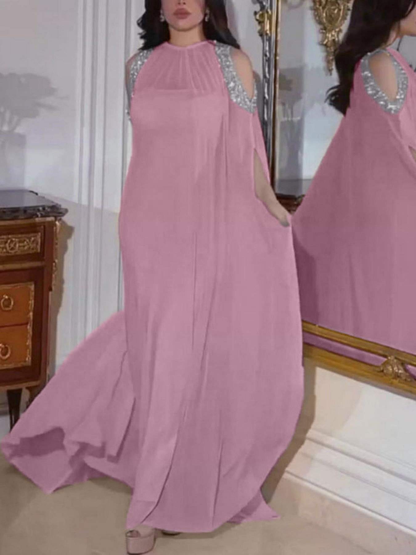 2pcs Sequin Chiffon Strapless Evening Gown and Cape Set