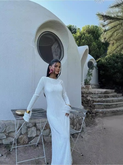 Round Neck Draped Long Sleeve Dress