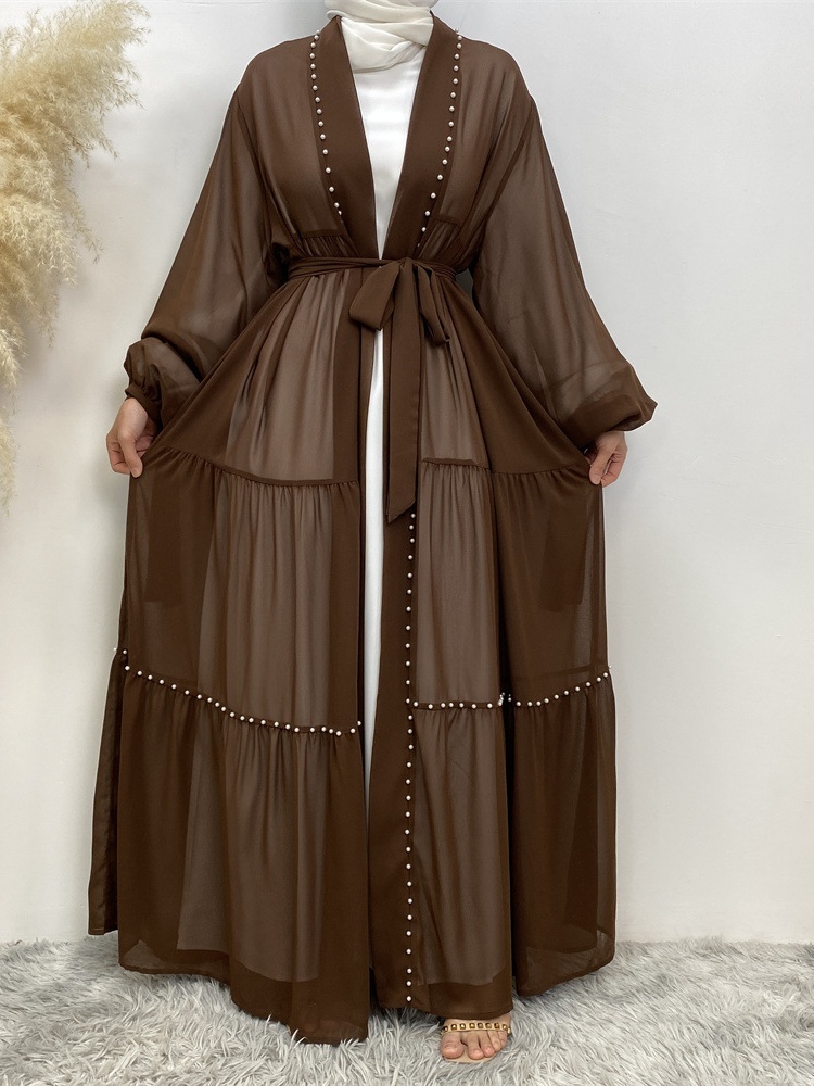 Solid Beaded Tie Chiffon Cardigan Casual Abaya