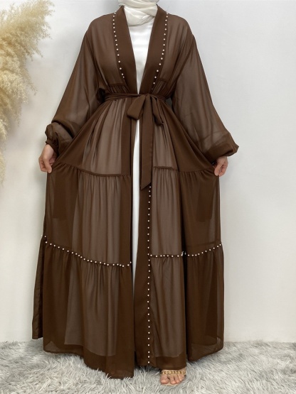 Solid Beaded Tie Chiffon Cardigan Casual Abaya