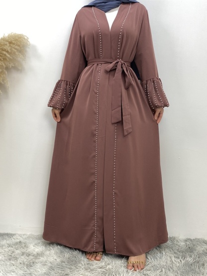 Solid Beaded Tie Cardigan Casual Abaya