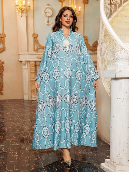 Printed V-Neck Fringe Long Sleeve Dress