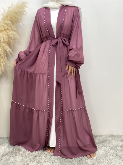 Solid Beaded Tie Chiffon Cardigan Casual Abaya