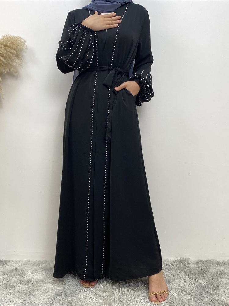 Solid Beaded Tie Cardigan Casual Abaya