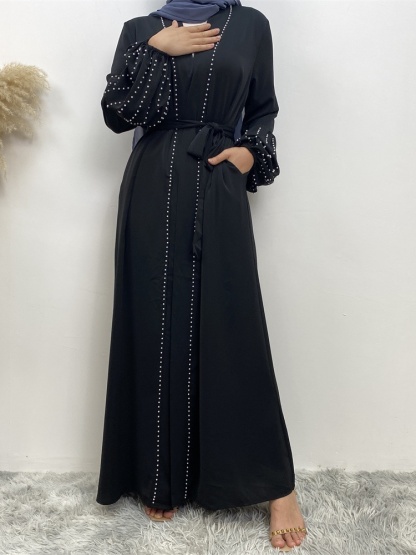 Solid Beaded Tie Cardigan Casual Abaya