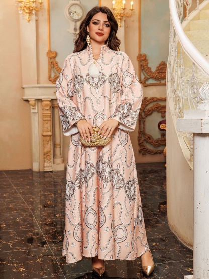 Printed V-Neck Fringe Long Sleeve Dress