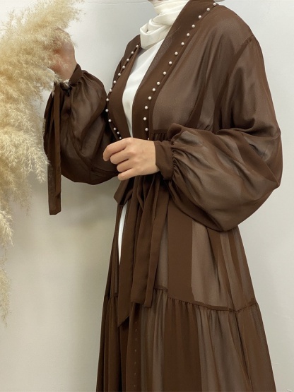 Solid Beaded Tie Chiffon Cardigan Casual Abaya