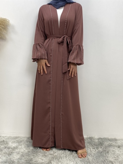 Solid Beaded Tie Cardigan Casual Abaya