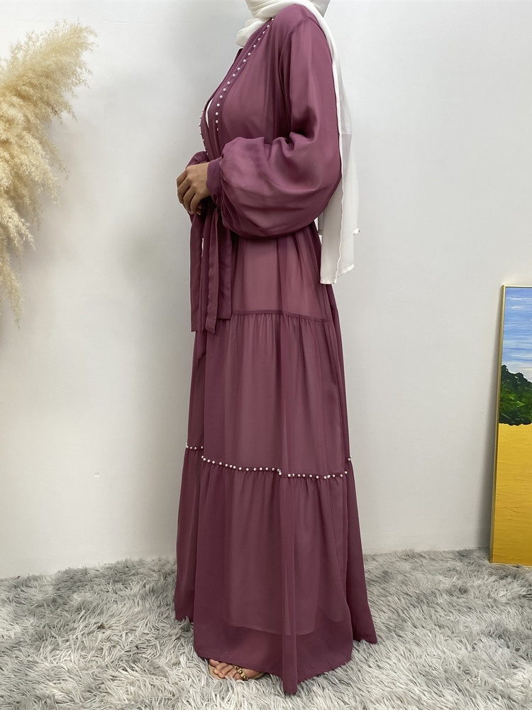 Solid Beaded Tie Chiffon Cardigan Casual Abaya