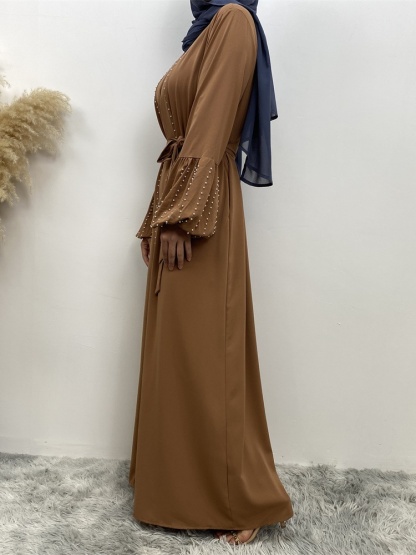 Solid Beaded Tie Cardigan Casual Abaya