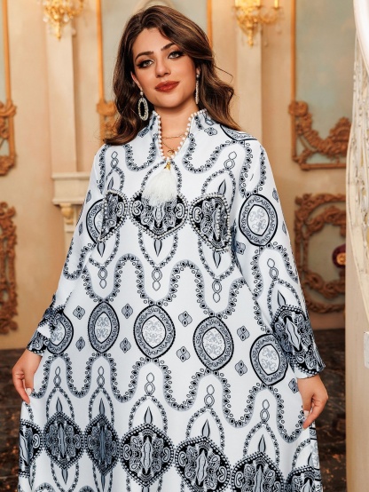 Printed V-Neck Fringe Long Sleeve Dress