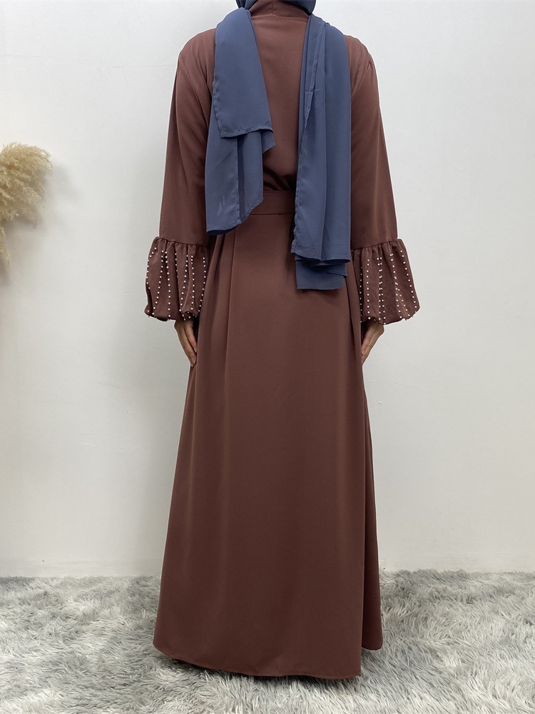 Solid Beaded Tie Cardigan Casual Abaya
