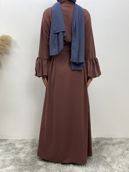 Solid Beaded Tie Cardigan Casual Abaya