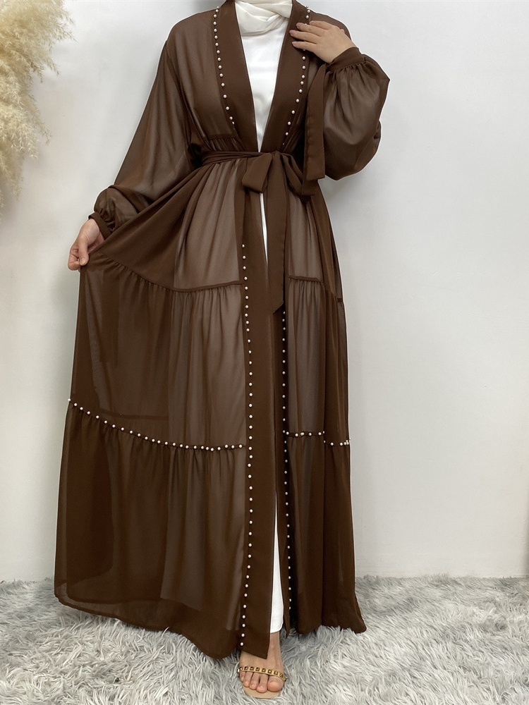 Solid Beaded Tie Chiffon Cardigan Casual Abaya