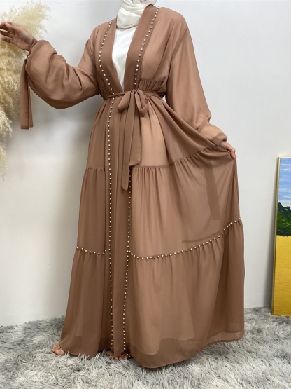Solid Beaded Tie Chiffon Cardigan Casual Abaya