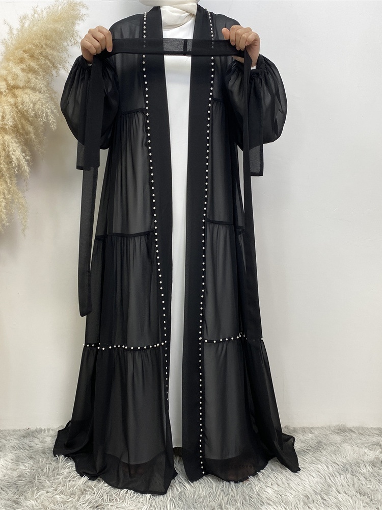 Solid Beaded Tie Chiffon Cardigan Casual Abaya