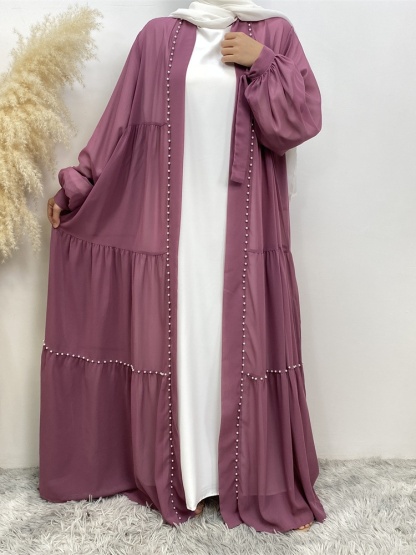 Solid Beaded Tie Chiffon Cardigan Casual Abaya