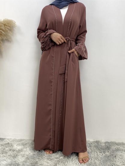 Solid Beaded Tie Cardigan Casual Abaya