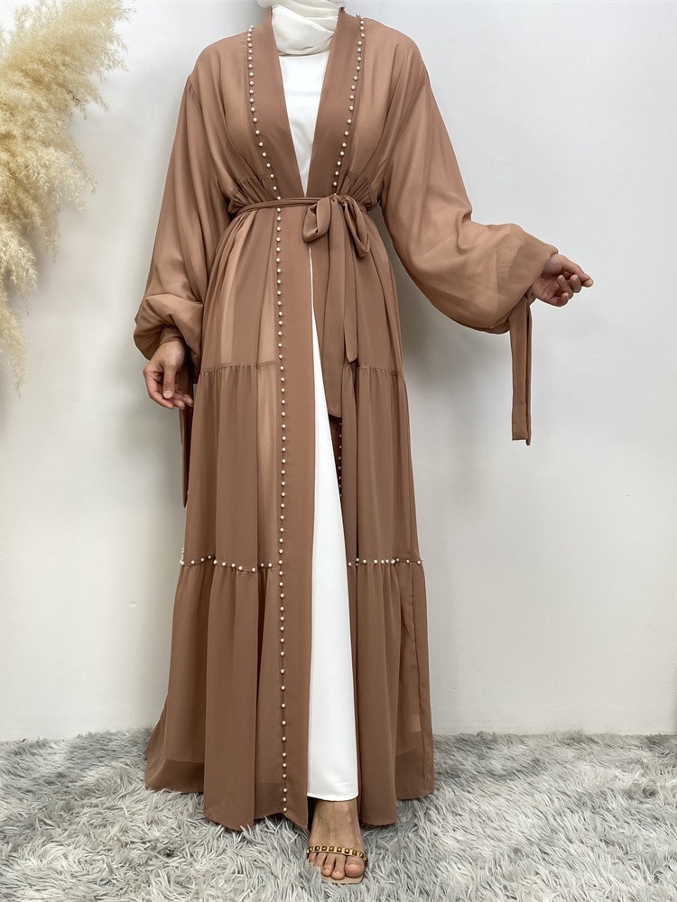 Solid Beaded Tie Chiffon Cardigan Casual Abaya