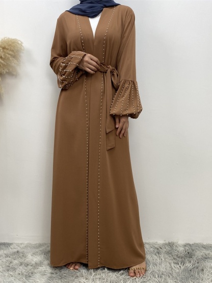 Solid Beaded Tie Cardigan Casual Abaya