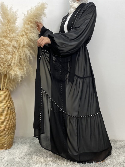 Solid Beaded Tie Chiffon Cardigan Casual Abaya