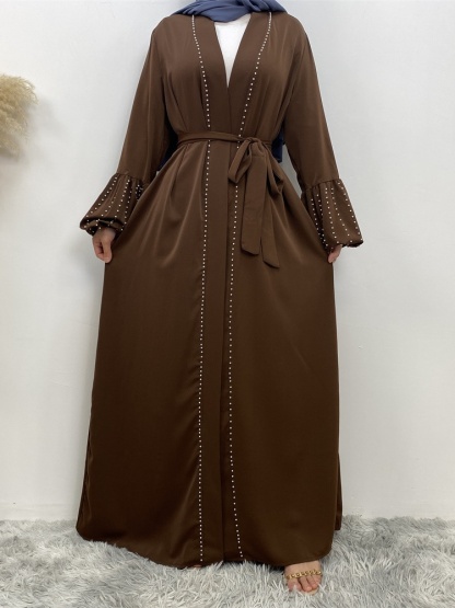 Solid Beaded Tie Cardigan Casual Abaya