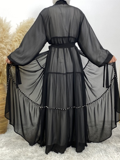 Solid Beaded Tie Chiffon Cardigan Casual Abaya