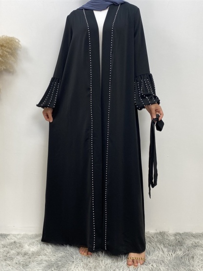 Solid Beaded Tie Cardigan Casual Abaya