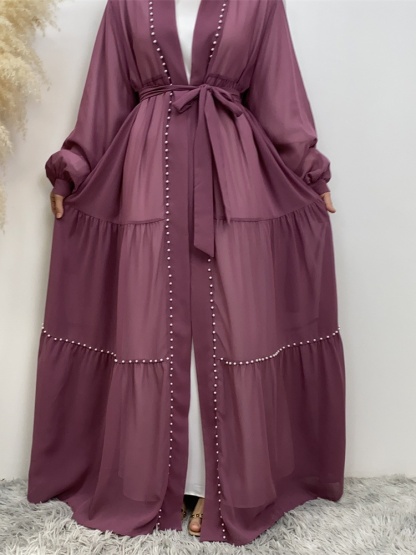 Solid Beaded Tie Chiffon Cardigan Casual Abaya