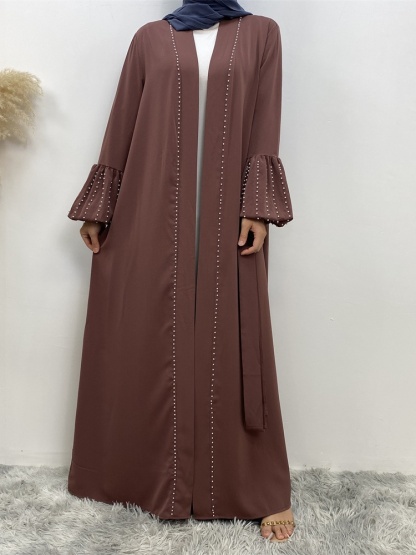 Solid Beaded Tie Cardigan Casual Abaya